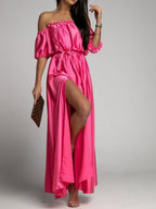 One Shoulder Short Sleeve Slit Dress