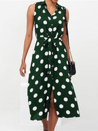 Polka Dot Print Lace Up Sleeveless Shirt Dress