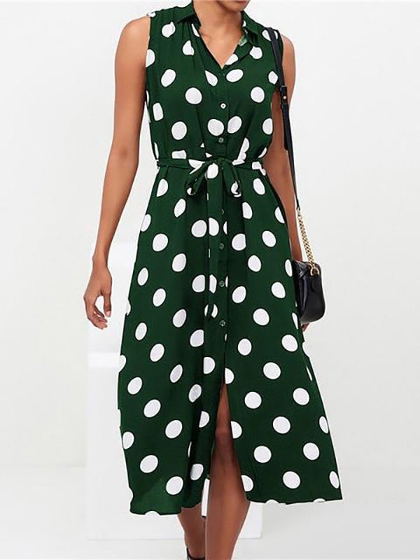 Polka Dot Print Lace Up Sleeveless Shirt Dress