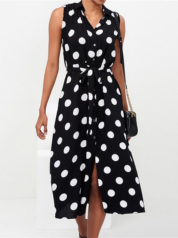 Polka Dot Print Lace Up Sleeveless Shirt Dress