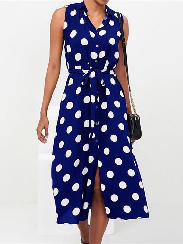 Polka Dot Print Lace Up Sleeveless Shirt Dress