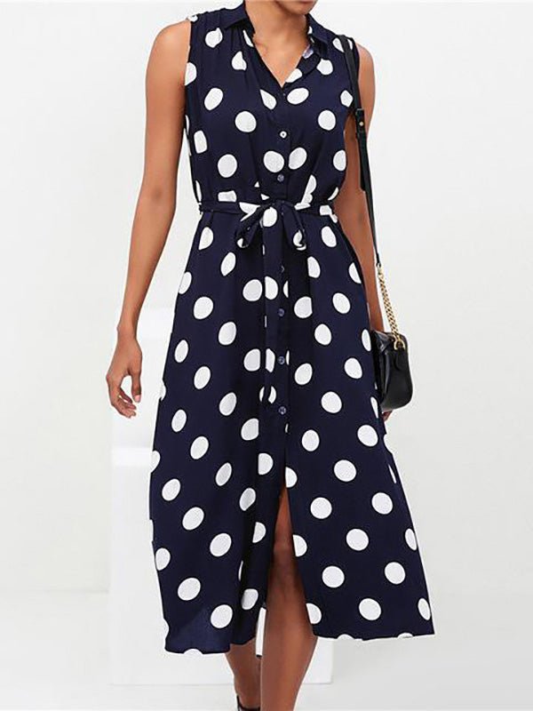 Polka Dot Print Lace Up Sleeveless Shirt Dress