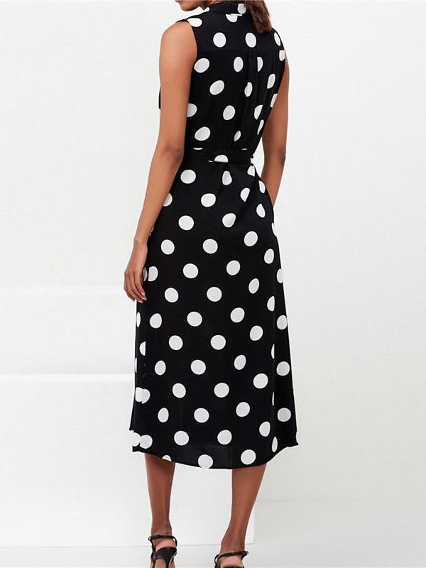 Polka Dot Print Lace Up Sleeveless Shirt Dress
