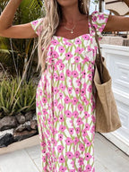 Printed Bare Back Ruffle Sleeve Dress