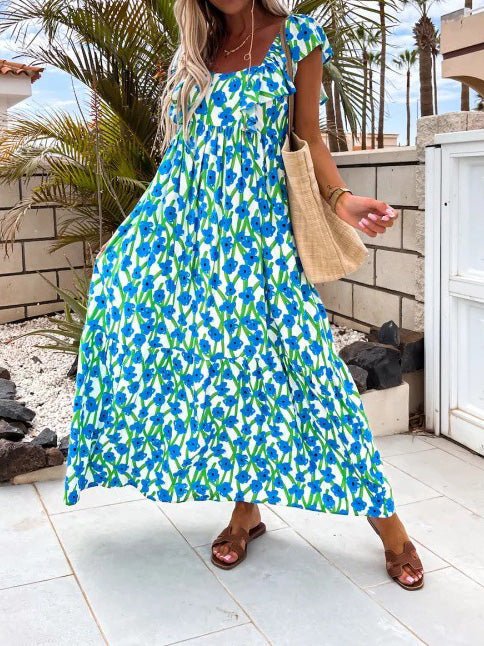 Printed Bare Back Ruffle Sleeve Dress