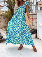 Printed Bare Back Ruffle Sleeve Dress