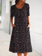 Printed Crew Neck Short Sleeve Pocket Dress