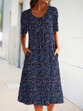 Printed Crew Neck Short Sleeve Pocket Dress