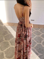 Printed Deep V Neck Slit Sling Dress