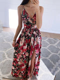 Printed Deep V Neck Slit Sling Dress