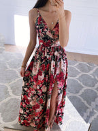 Printed Deep V Neck Slit Sling Dress