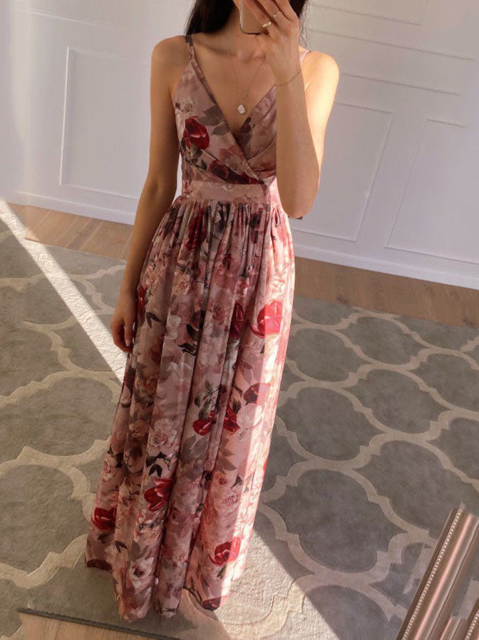 Printed Deep V Neck Slit Sling Dress