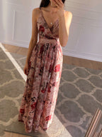 Printed Deep V Neck Slit Sling Dress