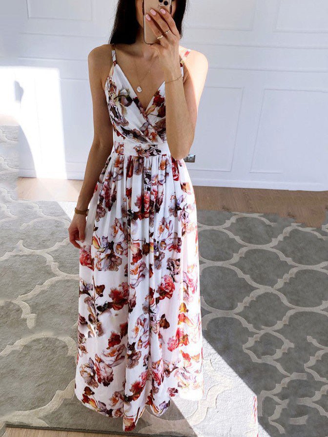 Printed Deep V Neck Slit Sling Dress