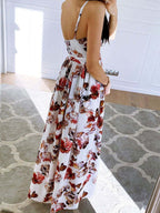 Printed Deep V Neck Slit Sling Dress