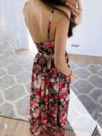 Printed Deep V Neck Slit Sling Dress