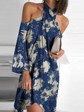 Printed Halter Off Shoulder Irregular Dress