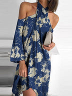 Printed Halter Off Shoulder Irregular Dress