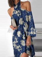 Printed Halter Off Shoulder Irregular Dress