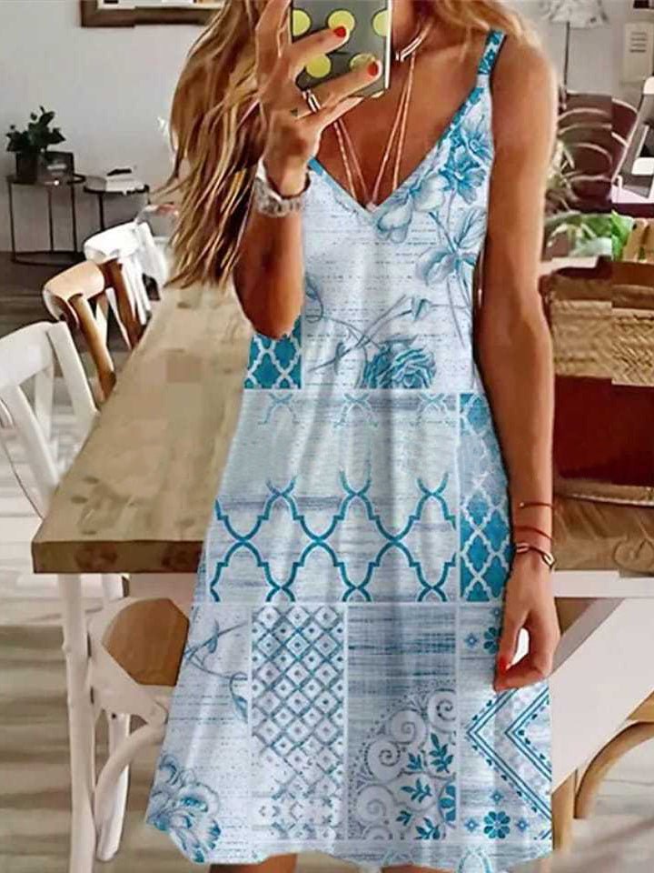 Printed Sling V Neck Sleeveless Dress