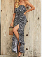 Printed Tube Top Ruffled Slit Dress