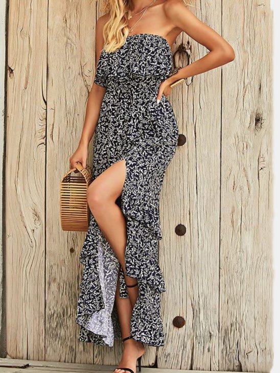 Printed Tube Top Ruffled Slit Dress