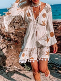 Printed V Neck Fringed Long Sleeve Dress