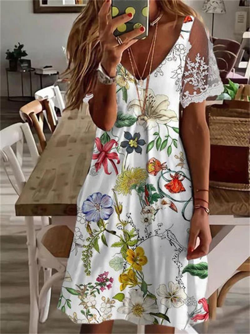 Printed V Neck Lace Sleeve Dress