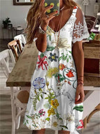 Printed V Neck Lace Sleeve Dress