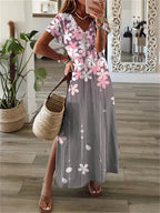 Printed V Neck Short Sleeve Slit Dress