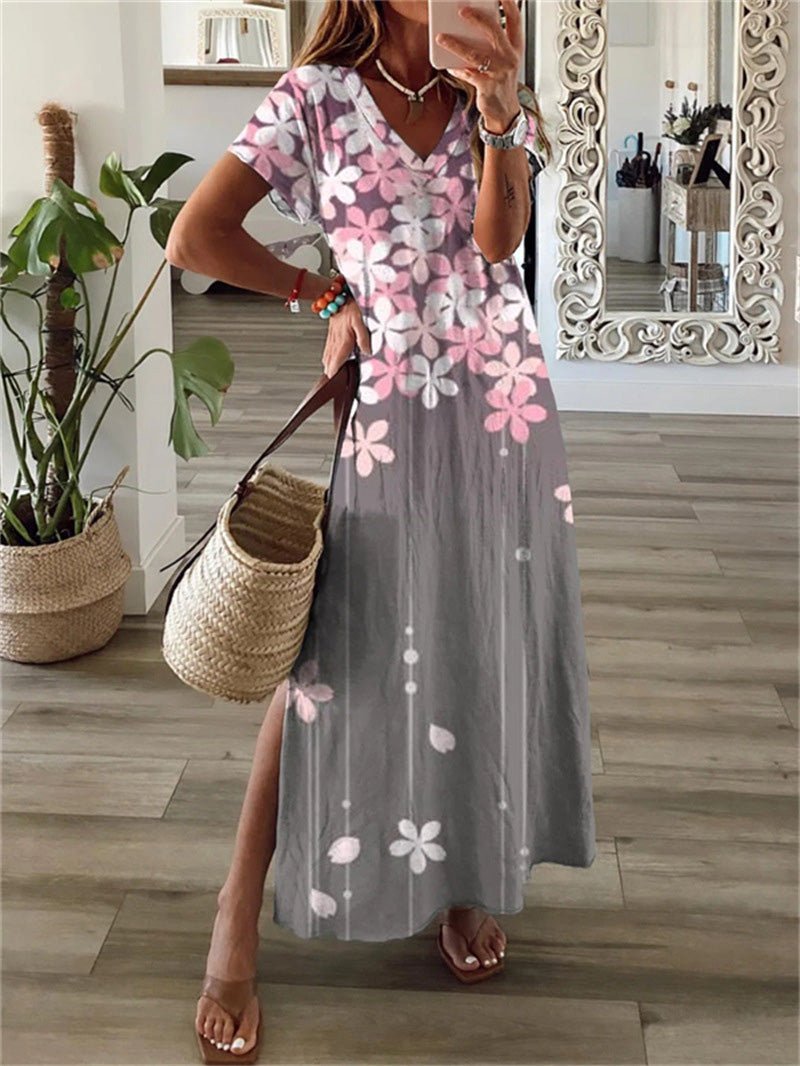Printed V Neck Short Sleeve Slit Dress