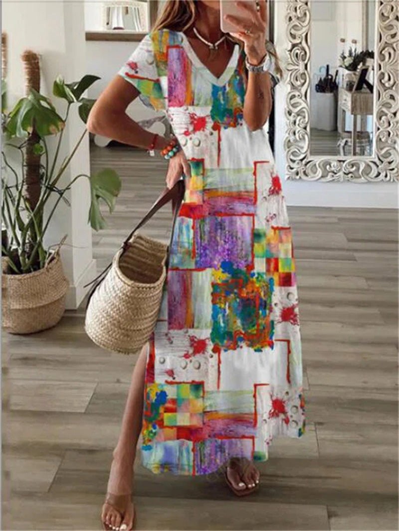 Printed V Neck Short Sleeve Slit Dress