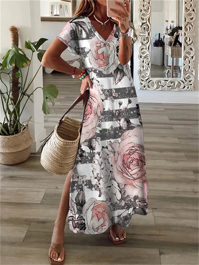 Printed V Neck Short Sleeve Slit Dress