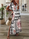 Printed V Neck Short Sleeve Slit Dress