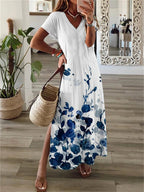 Printed V Neck Short Sleeve Slit Dress