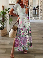 Printed V Neck Short Sleeve Slit Dress