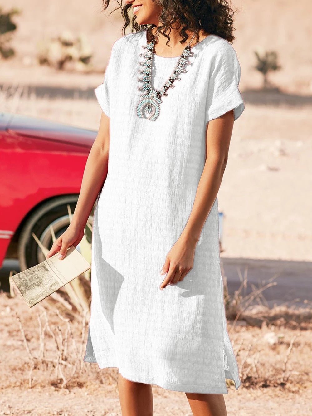 Round Neck Short Sleeve Slit Dress