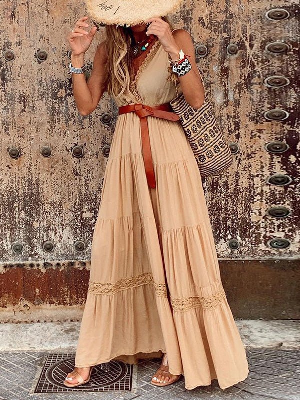 Sling V Neck Lace Panel Sleeveless Dress