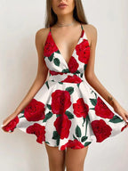 Sling V Neck Print Sleeveless Mini Dress