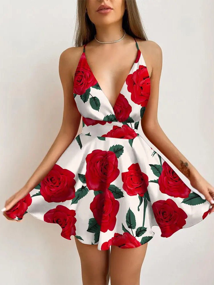 Sling V Neck Print Sleeveless Mini Dress