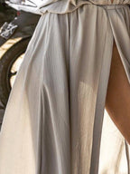 Solid V Neck Mid Sleeve Slit Dress