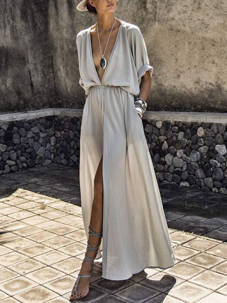 Solid V Neck Mid Sleeve Slit Dress