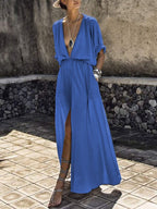 Solid V Neck Mid Sleeve Slit Dress