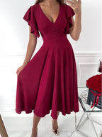 Solid V Neck Ruffle Sleeve Dress