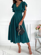 Solid V Neck Ruffle Sleeve Dress