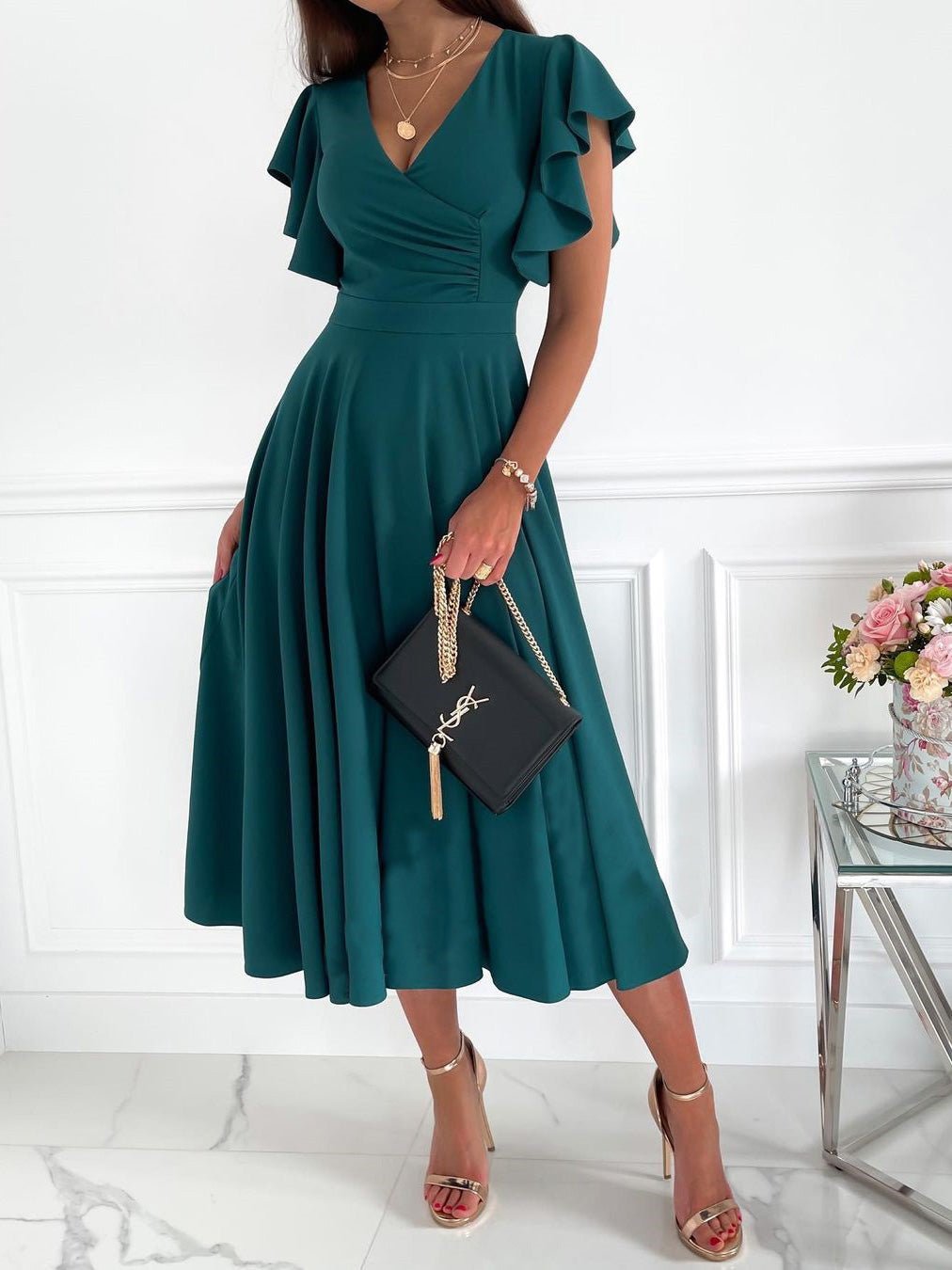 Solid V Neck Ruffle Sleeve Dress