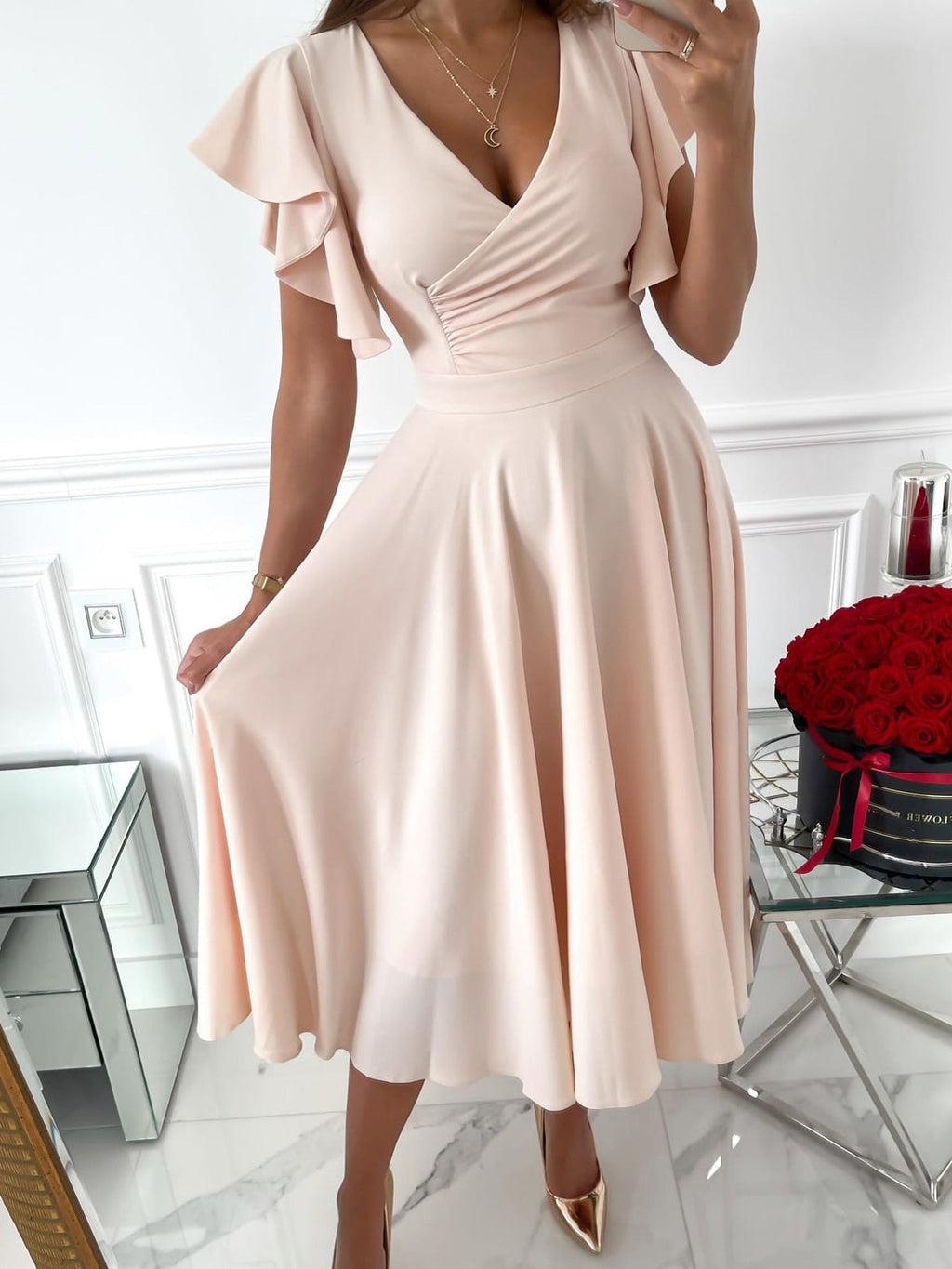 Solid V Neck Ruffle Sleeve Dress