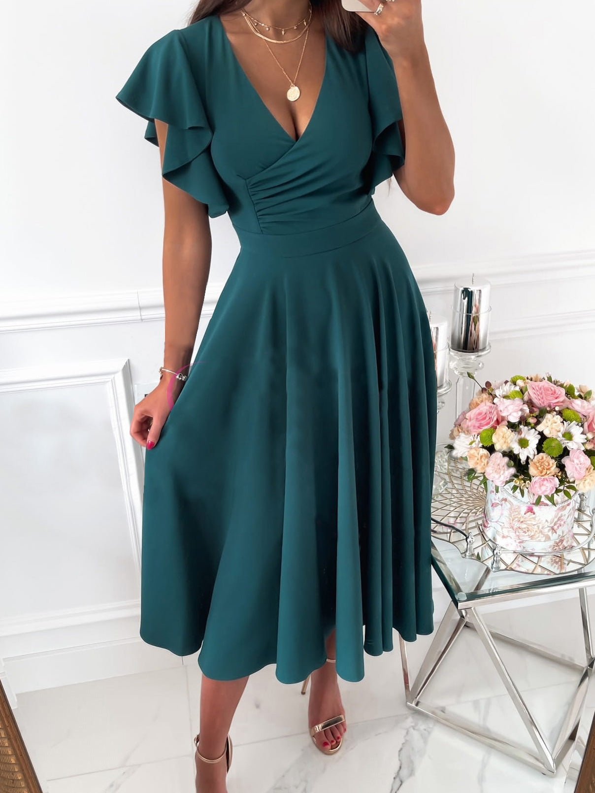 Solid V Neck Ruffle Sleeve Dress