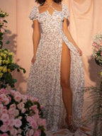Square Neck Cross Tie Floral Slit Dress