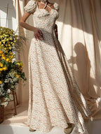 Square Neck Cross Tie Floral Slit Dress